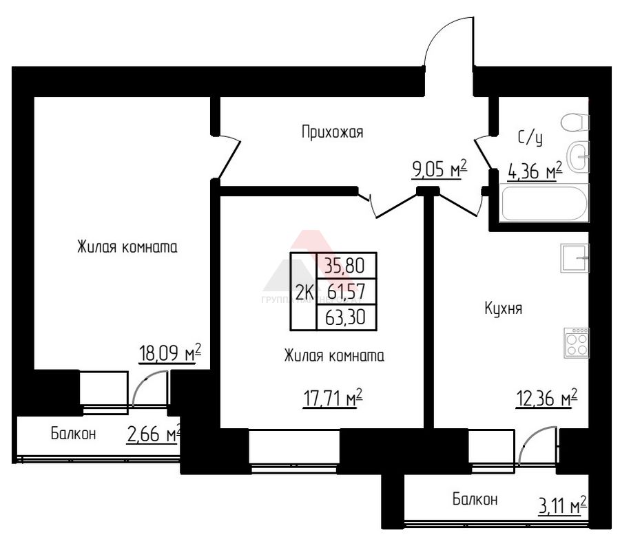 Красноярская, 132, 2-комнатная квартира